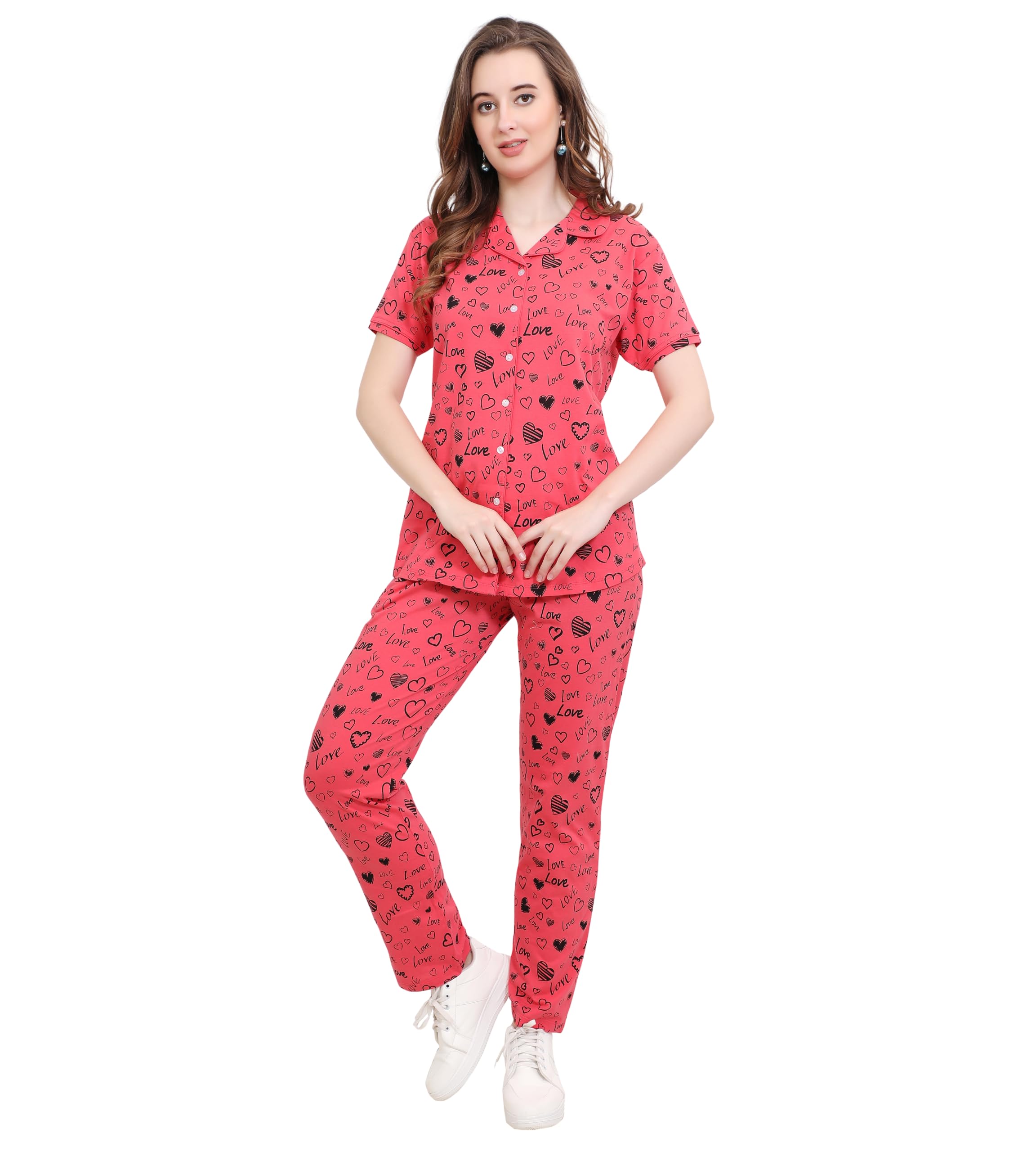 glamoras Cotton Printed Night Suit Set of Shirt & Pyjama for Women | Collar Neck, Short Sleeve & Relaxed Fit Pyjama Set | Stylish Night Wear Dress for Women | Size: S-2XL-picture-10
