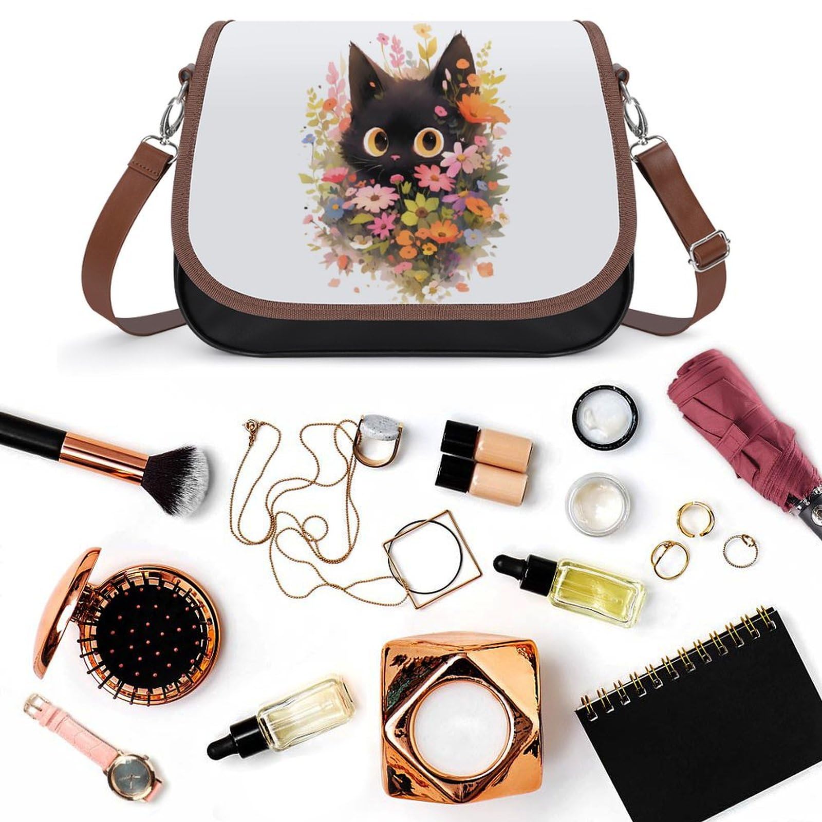Amazon.co.jp: 花 黒猫 ネコ柄 猫柄 ショルダーバッグ PUレザー