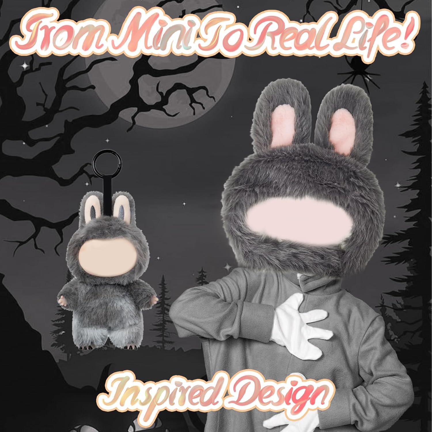 Plush Bunny Hat with Full Face Mask, Cosplay Accessories Compatible with LABUBU Style for Halloween Easter Christmas Party