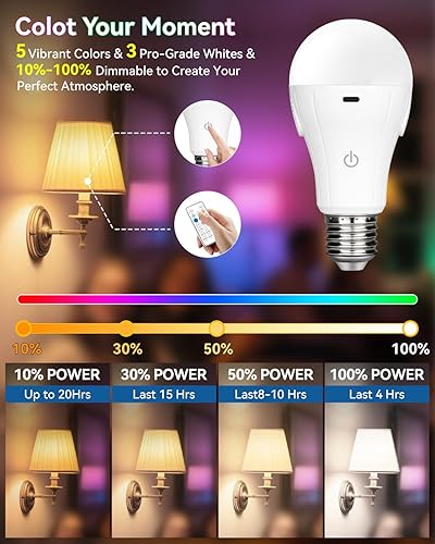 Miniatura 5 de Bombillas recargables remotas CordlessGlow preajustes NITEREAD + modo 1 y 2 escenas personalizadas, 5 bombillas RGB + 3 CCT regulables a pilas para