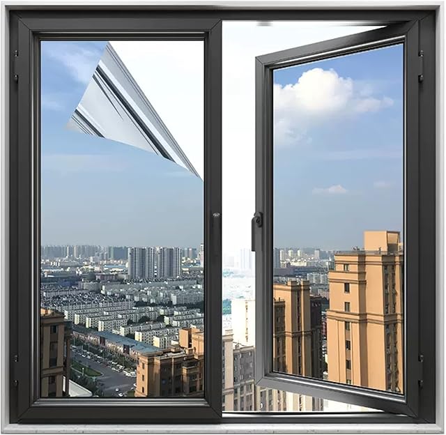 Kaket Self Adhesive One Way Window Film Privacy, Heat Reflective Window Film, Tinted Window Sticker for Home, Office, Hotel, 40 x 200CM (Silver)