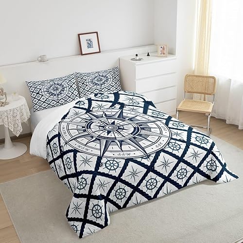 Miniatura 4 de Juego de edredón de brújula náutica, ropa de cama tamaño Queen, ropa de cama de cuadrícula geométrica azul marino para niños, adolescentes y