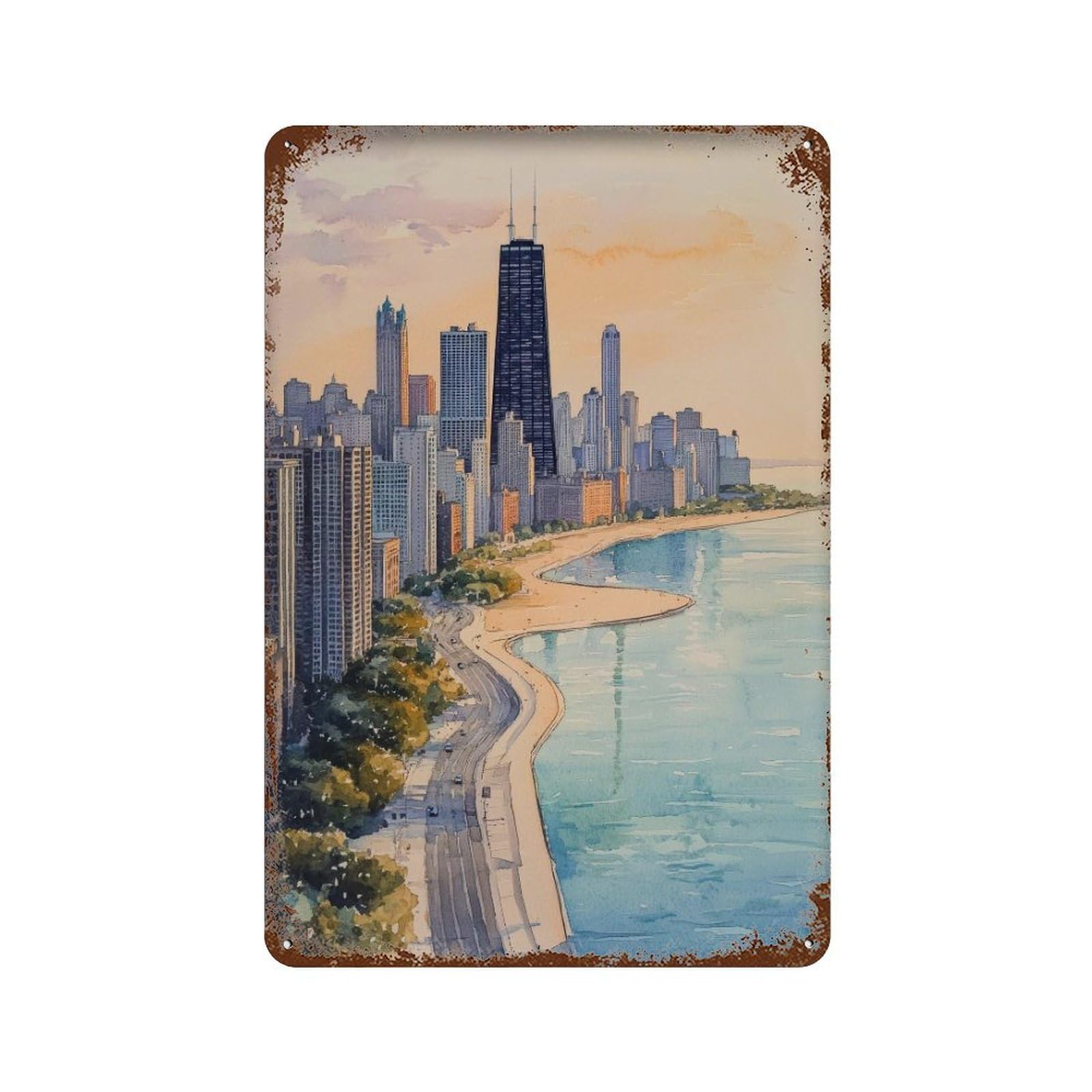 xiaoxiaoshen Chicago Skyline Cityscape Illinois Travel Architecture_3 Wall Decor Art Metal Tin Poster Modern Home Decor Art Home Bar Shop Decorations Vintage Sign 30x20cm