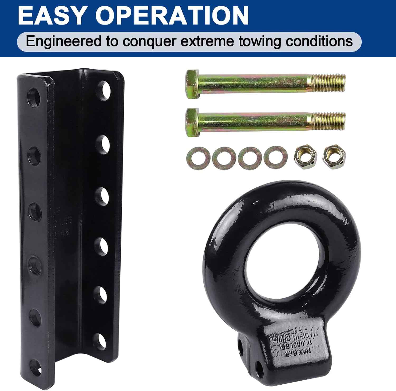 Heavy Duty Adjustable Pintle Hitch Lunette Ring, 14,000 lbs Capacity, 5-Position Channel, Iron Towing Assembly for Trailers, Black