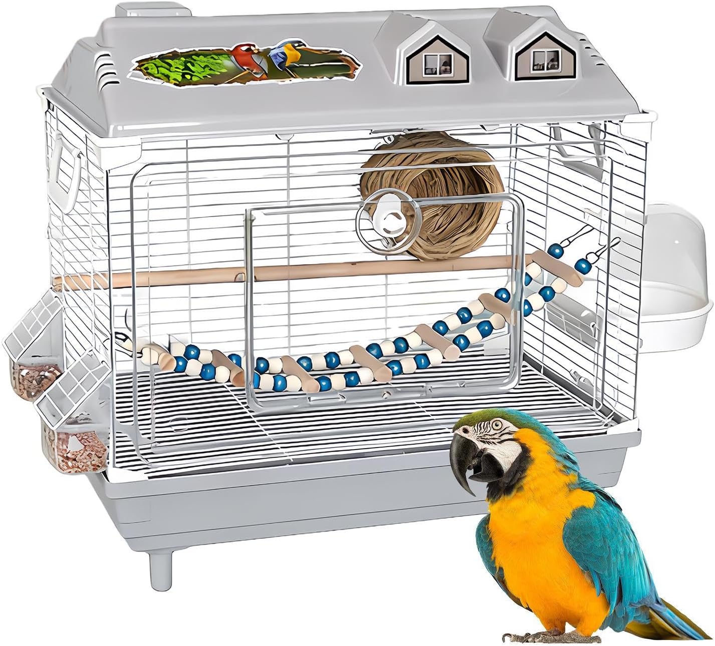 Parakeet Bird Cage, Clear Portable Cockatiel Carrier, Medium Bird with Wooden Perch, Acrylic Lightweight with Removable Tray, Pet with Travel Handle, Indoor Cage for Conures Macaws