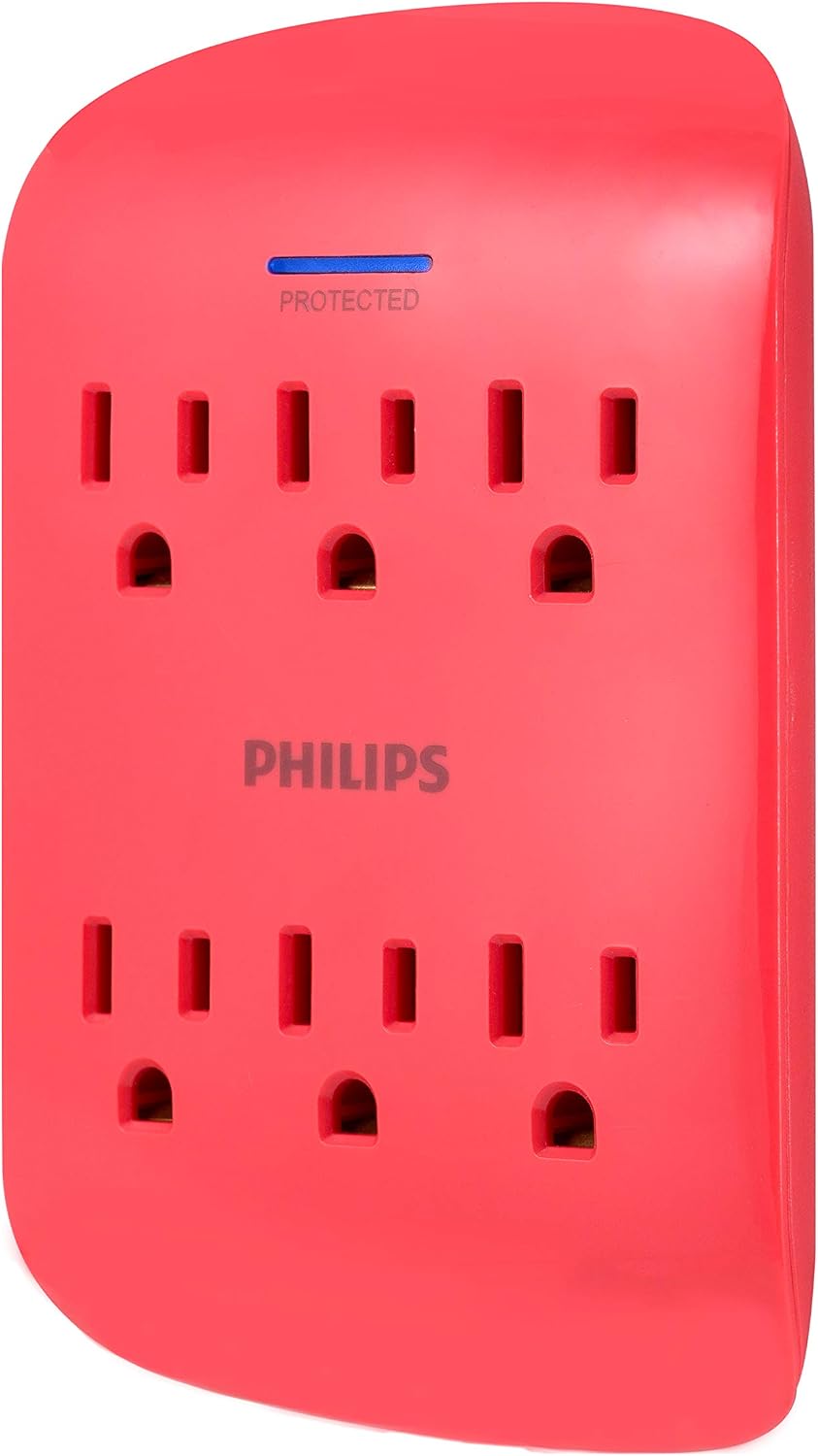 Philips 6-Outlet Extender Surge Protector, Wall Tap, 900 Joules, 3-Prong, Space Saving Design, Protection Indicator LED Light, ETL Listed, Coral, SPP3461CR/37