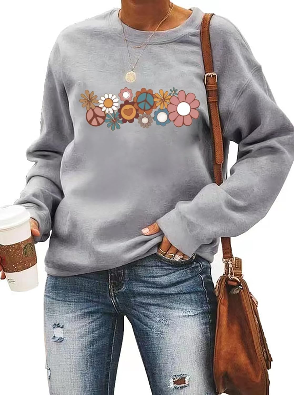 Flower Sweatshirt for Women Hippie 70s Pullover Vintage Minimalistic Floral Graphic Casual Long Sleeve Tops - Image 2