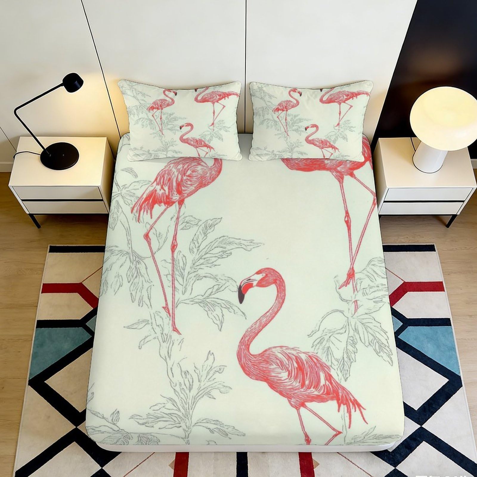 3D Printed Flamingo Botanical Fitted Sheet Microfiber Anti-Slip Bed Cover Bedroom Decor Machine Washable for All Ages 90x200x25cm