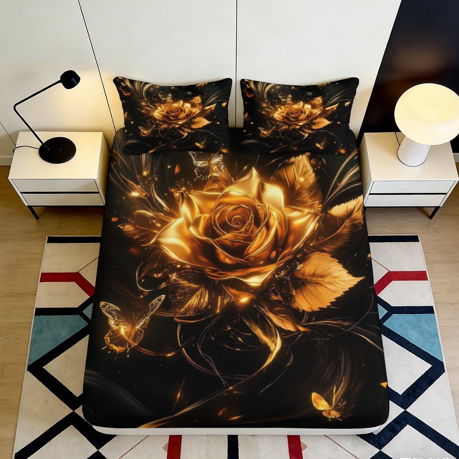 3D Printed Golden Rose Pattern Fitted Sheet Microfiber Soft Black Floral Bed Sheet Bedroom Guest Room Decor 90x200x25cm