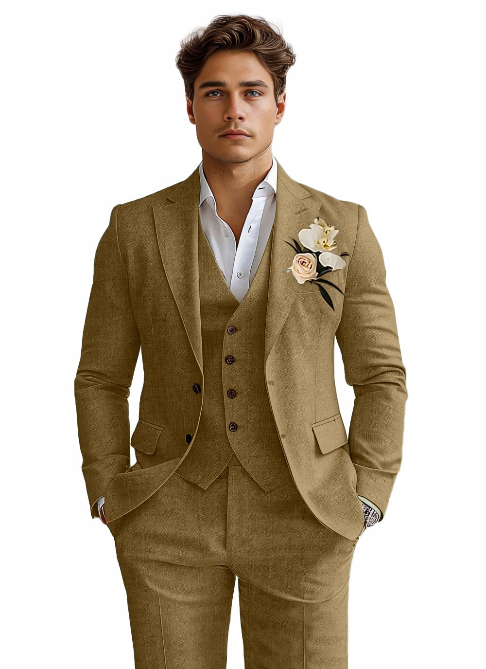 Photo 1 of Linen Suit for Men Khaki Wedding Suits Mens Tux 3 Piece Formal Casual Tuxedo Blazer Jacket Vest Pants Set Sport Coats 3XL