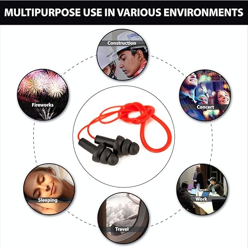 Miniatura 6 de SAFE HANDLER CovertX Tapones para los oídos  Tapón para los oídos reductor de ruido, con cable, negro con cable rojo (5 pares)