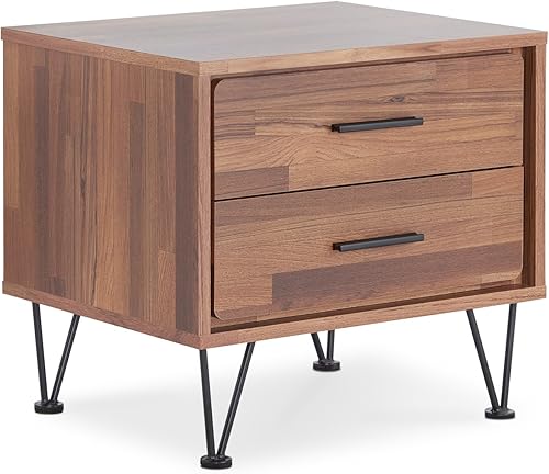 Acme Deoss Mesita de noche rectangular de madera con 2 cajones con patas en forma de V en nogal