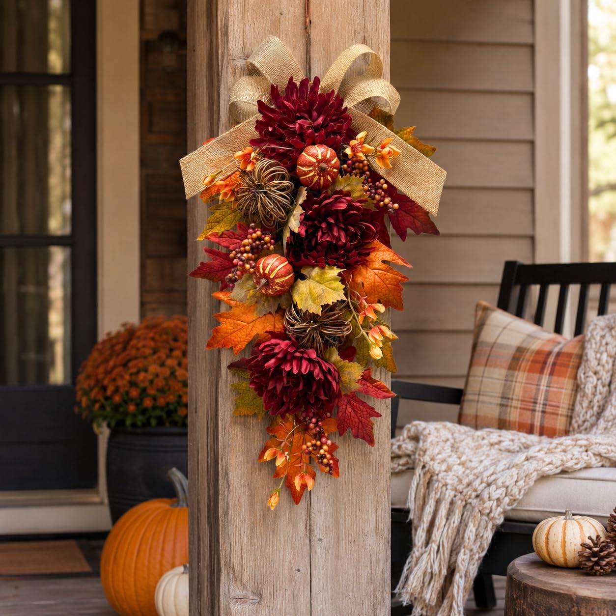 Svndlyn 24 Inch Lighted Fall Teardrop Swag with Timer and Burlap Bow | 20 LED Autumn Hanging Swag with Pumpkins, Berry Clusters and Burgundy Flowers for Fall Front Door Decor