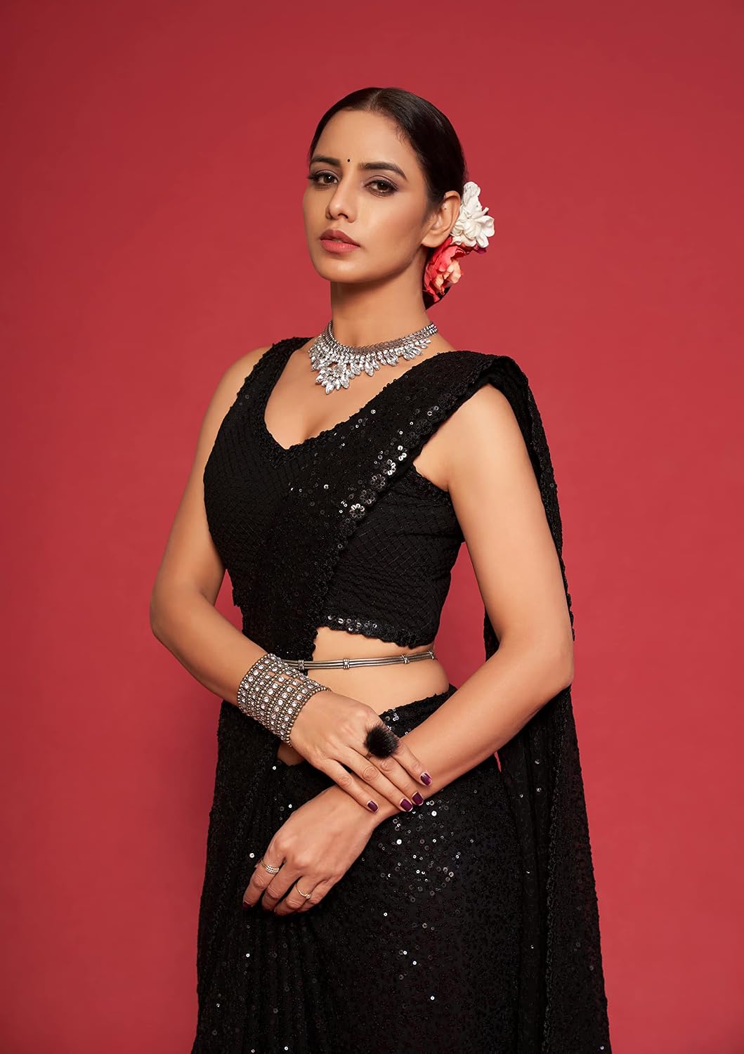 TRENDMALLS Women's Heavy Georgette Sequins Work Heavy Saree with Blouse