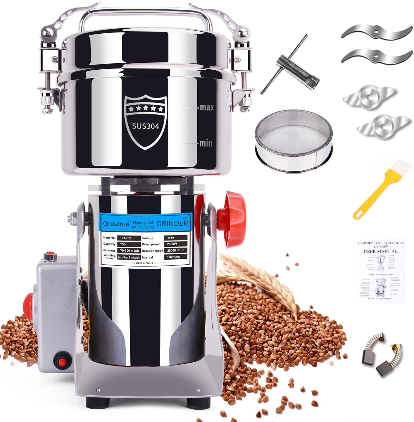 Greatrue Electric Grain Mill, 750G Stainless Steel Grain Grinder for Dried Corn Coffee Wheat Pepper Food Seeds Flour Bean