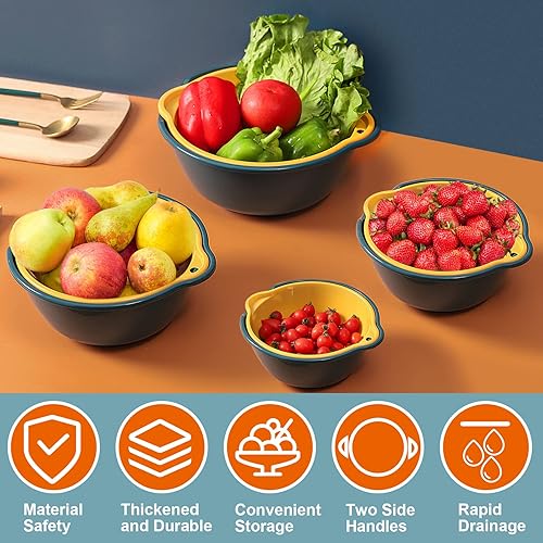 Miniatura 3 de Juego de 8 coladores, coladores de desagüe de plástico, doble capa, apilable, colador desmontable para remojar, lavar, drenar, almacenar verduras,