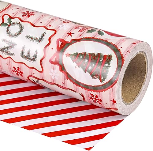 WRAPAHOLIC- Papel de regalo de Navidad reversible, minirollo de 17 pulgadas x 33 pies; diseño de decoración navideña clásica en rosa y rojo y diseño