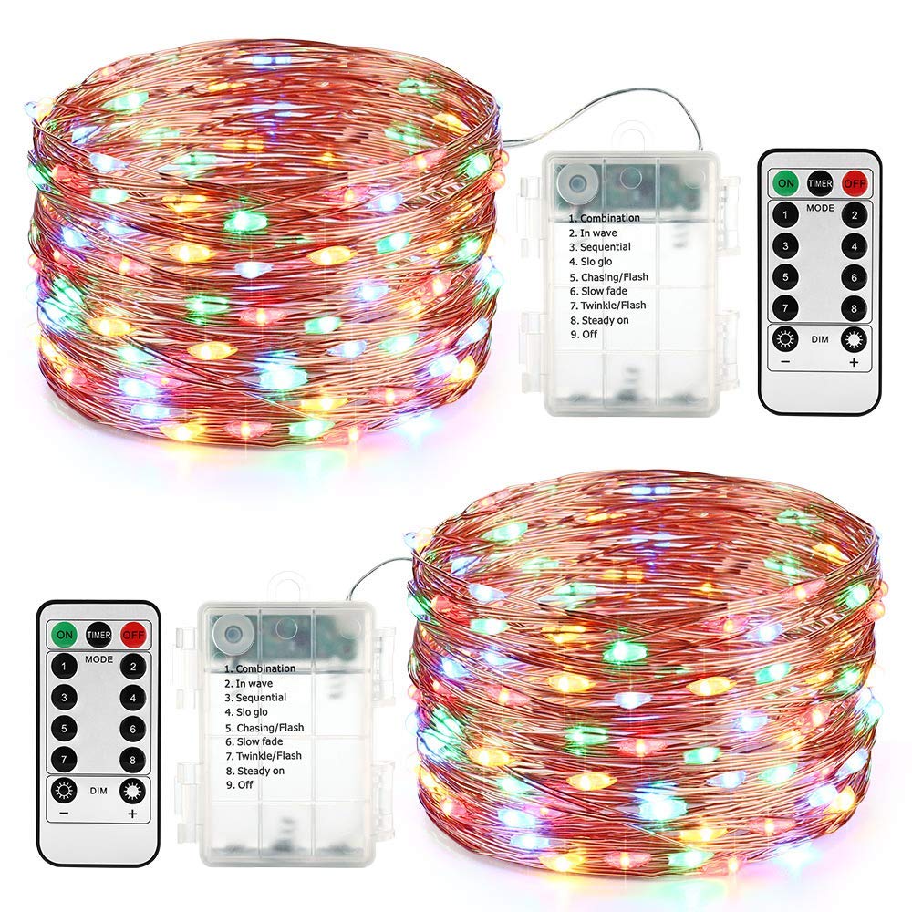 2 Pack Fairy Lights Halloween, Battery Operated Waterproof 8 Modes with Remote Control 33ft 100 Led Copper String Lights for Outdoor & Indoor, Christmas Decoration (Multicolor)