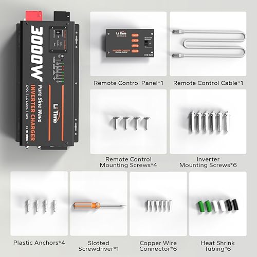 Miniatura 8 de LiTime Cargador inversor de onda sinusoidal pura de 3000 W, inversor de 12 V CC a 120 V CA con panel remoto LCD, corriente de carga ajustable de 5 A