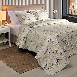Kit Cobre Leito Colcha Boutis 3 Peças Nano Printing Matelado Ultrassônico Estampado Dupla Face Porta Travesseiro Aba Americana Micro Percal 150 Fios (Aurora Pistache, Queen)