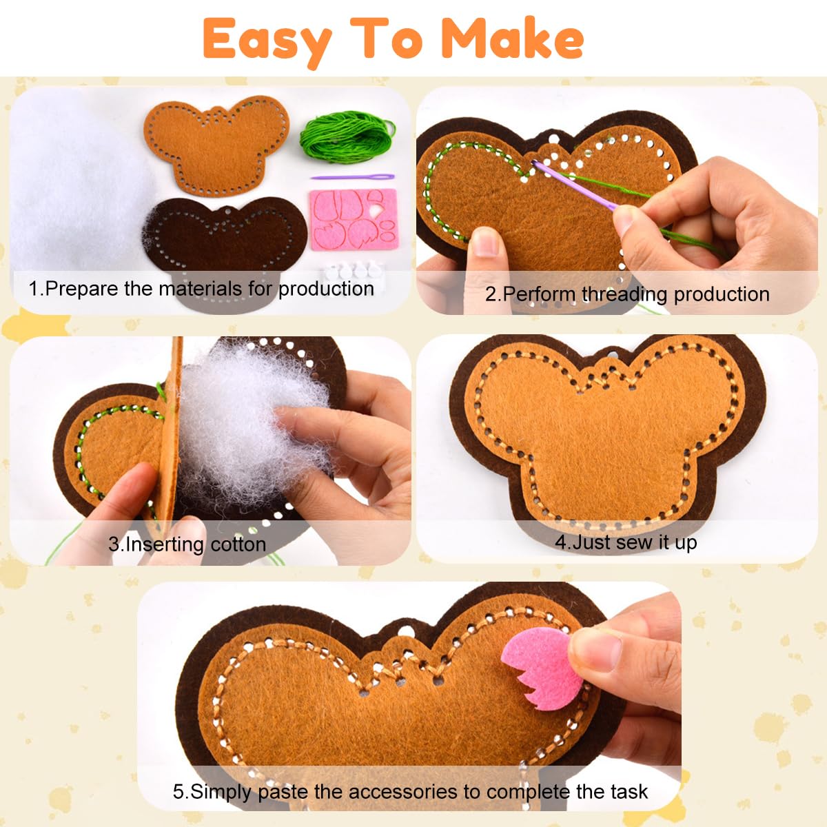 PATPAT® DIY Cartoon Non-Woven Sewing Craft Embroidery kit for Beginners, Set of 4 3D Cartoon Stuffed Ornament Bag Charms, Beginner-Friendly Hand Sewing Material Set for Creative Arts & Crafts Gift 2
