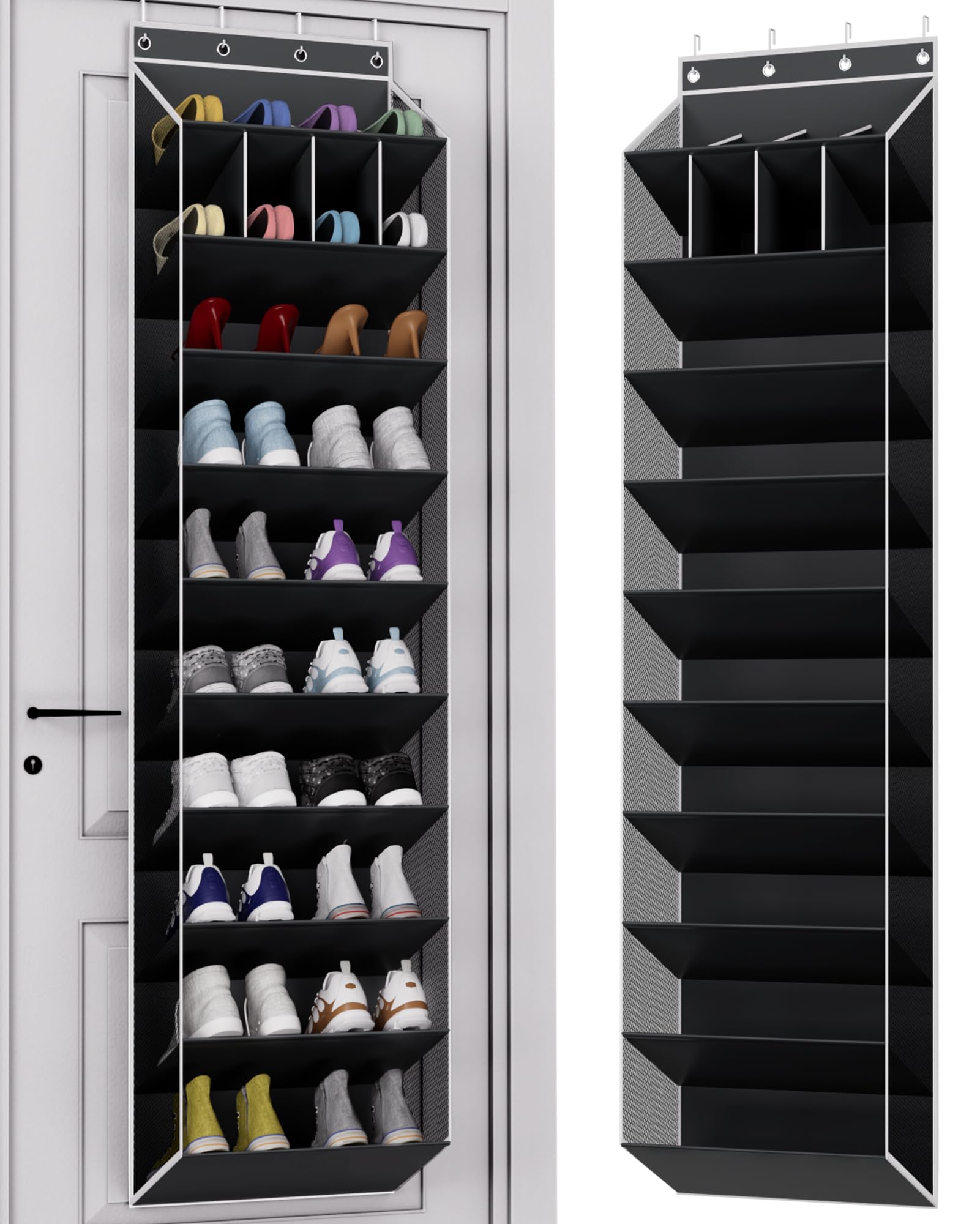 KYEVIS Over the Door Shoe Organizer, 10-Tier Hanging Shoe Rack for Closet with Deep Pockets, Space-Saving Storage Holds 20 Pairs for Sneakers, Boots (Black)