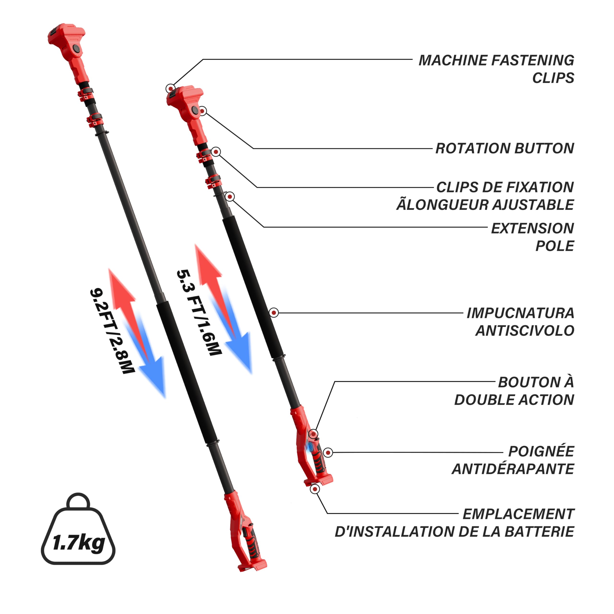 Perche télescopique d'élagage TEENO, longueur de 1,6 m à 2,8 m, équipée d'une interface le Makita Compatible avec les mini-tronçonneuses électriques et les sécateurs, avec une fiche à trois broches