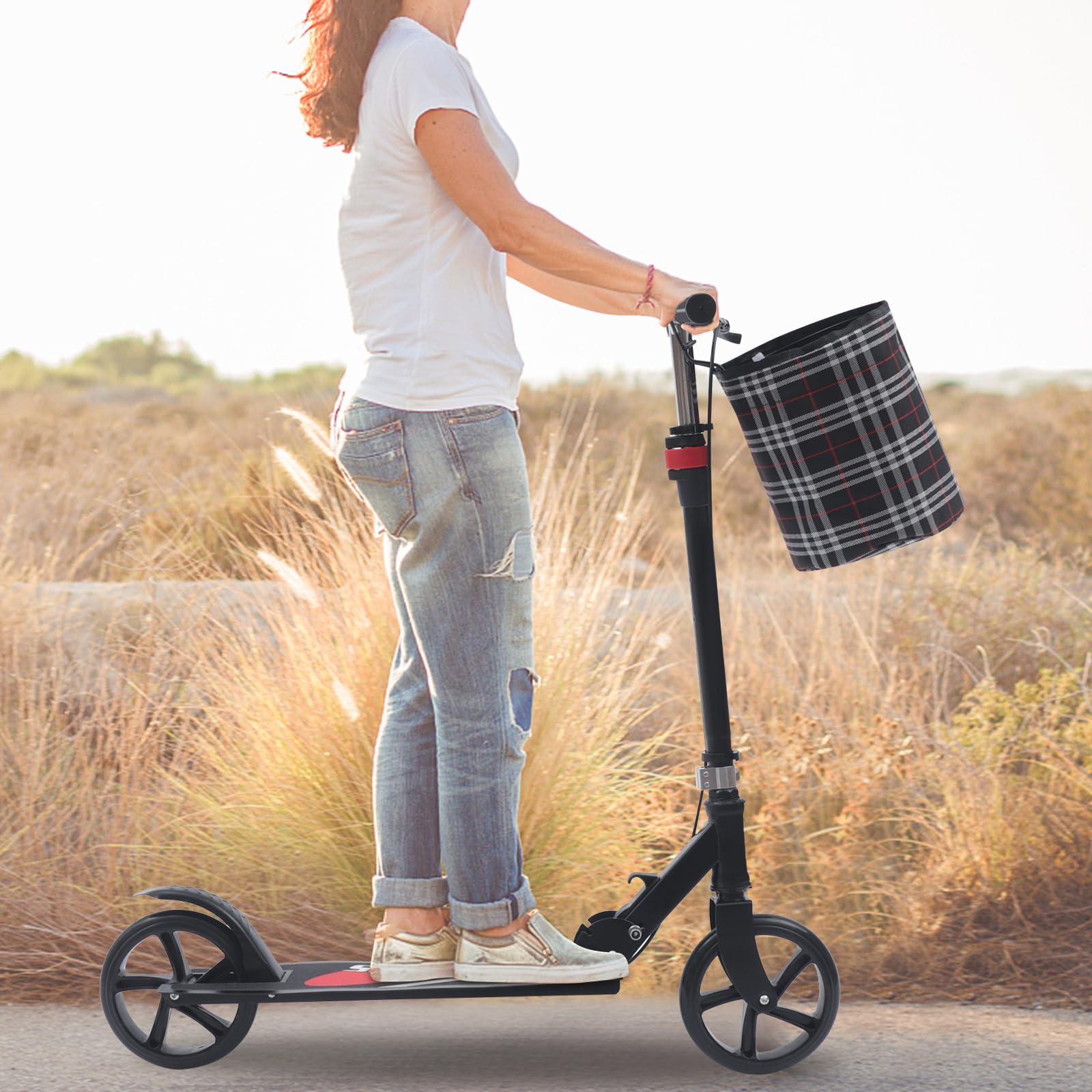LKHDONG Inklapbare step voor volwassenen en kinderen, in hoogte verstelbaar, step, cityroller met standaard en mand, aluminium kickscooter, 210 mm, wielen tot 150 kg, met dubbele rem