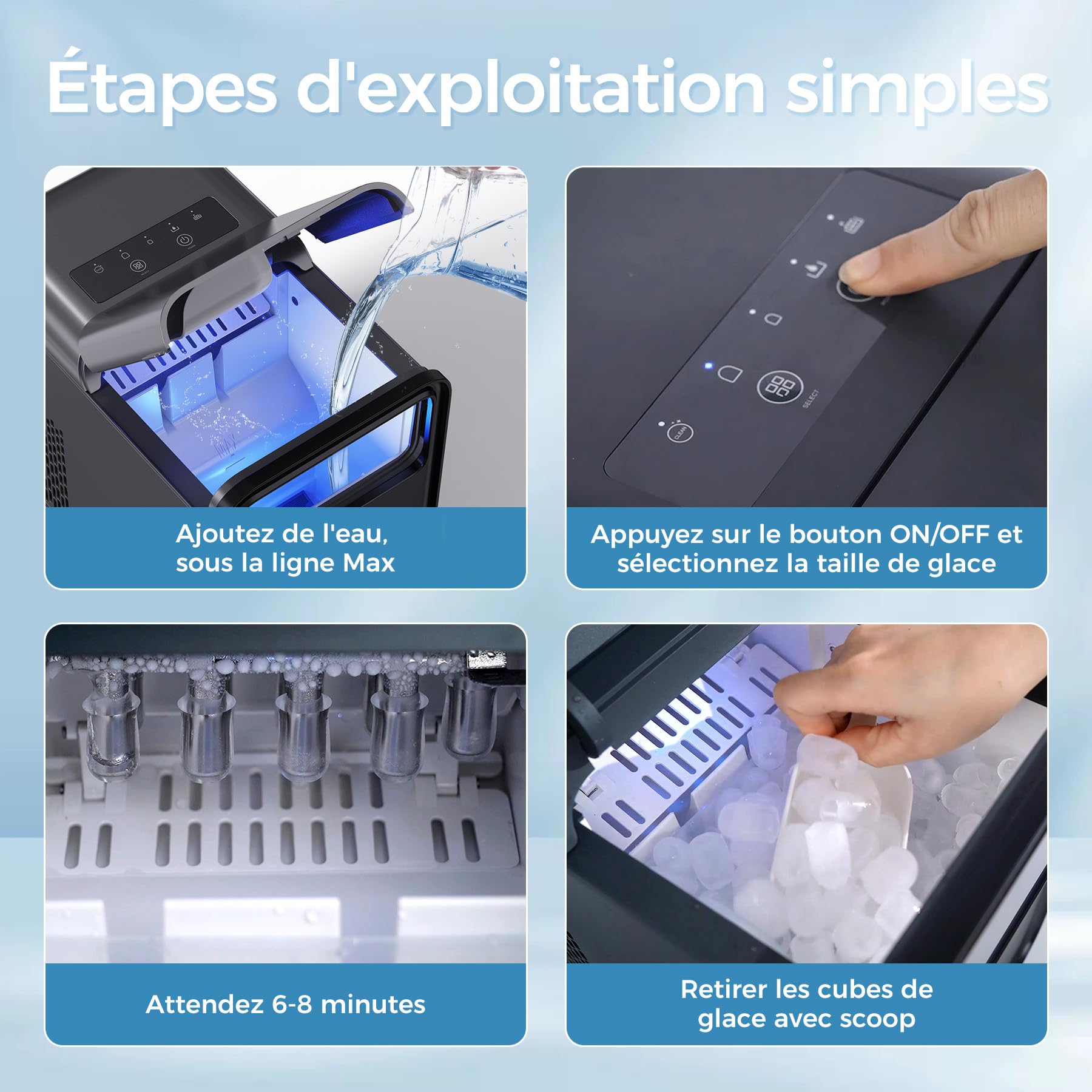 QEXREED Machine à Glaçons, 12 kg/24 h, 9 Glaçons en 6 Minutes, Machine a Glacons Autonettoyante avec Cuillère à Glaçons et Panier, 2 Tailles de Glaçons pour la Cuisine à Domicile Bureau Bar Party