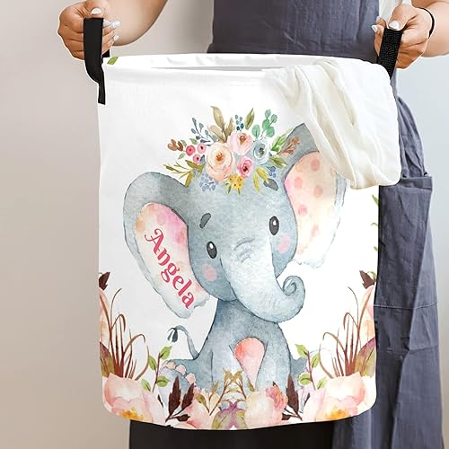 Miniatura 4 de Cestas de lavandería personalizadas con diseño de elefante y flores rosas con nombre, cestas de almacenamiento plegables con asas para playa y