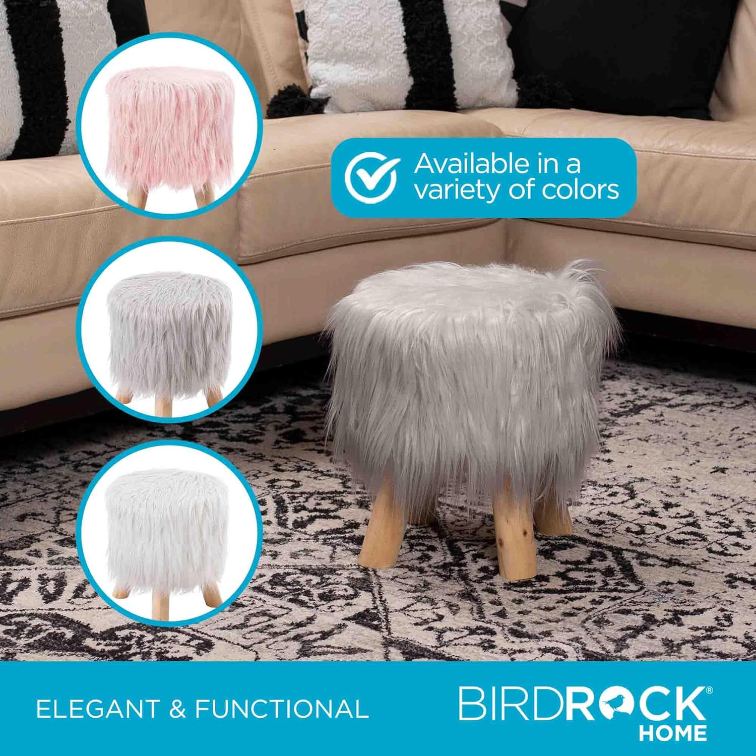 BIRDROCK HOME Faux Fur Foot Stool Ottoman – Upholstered Vanity Chair w/Natural Wood Legs - Soft Compact Padded Seat for Makeup Room, Living Room, Bedroom – Decorative Accent Furniture – Silver - Image 6