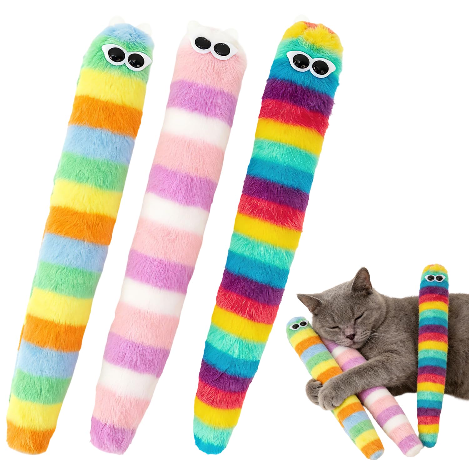 MOTIBACK 3pcs Cat Plush Toy, Colorful Soft Cat Toys for Indoor Cats, Interactive Cat Pillow for Chewing Teething