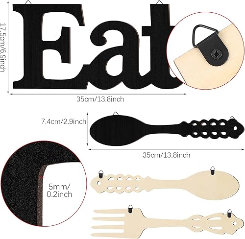 Miniatura 2 de Jetec Juego de letrero de "Eat", decoración de pared con tenedor y cuchara, decoración de madera rústica, lindas letras "Eat" para cocina y hogar,