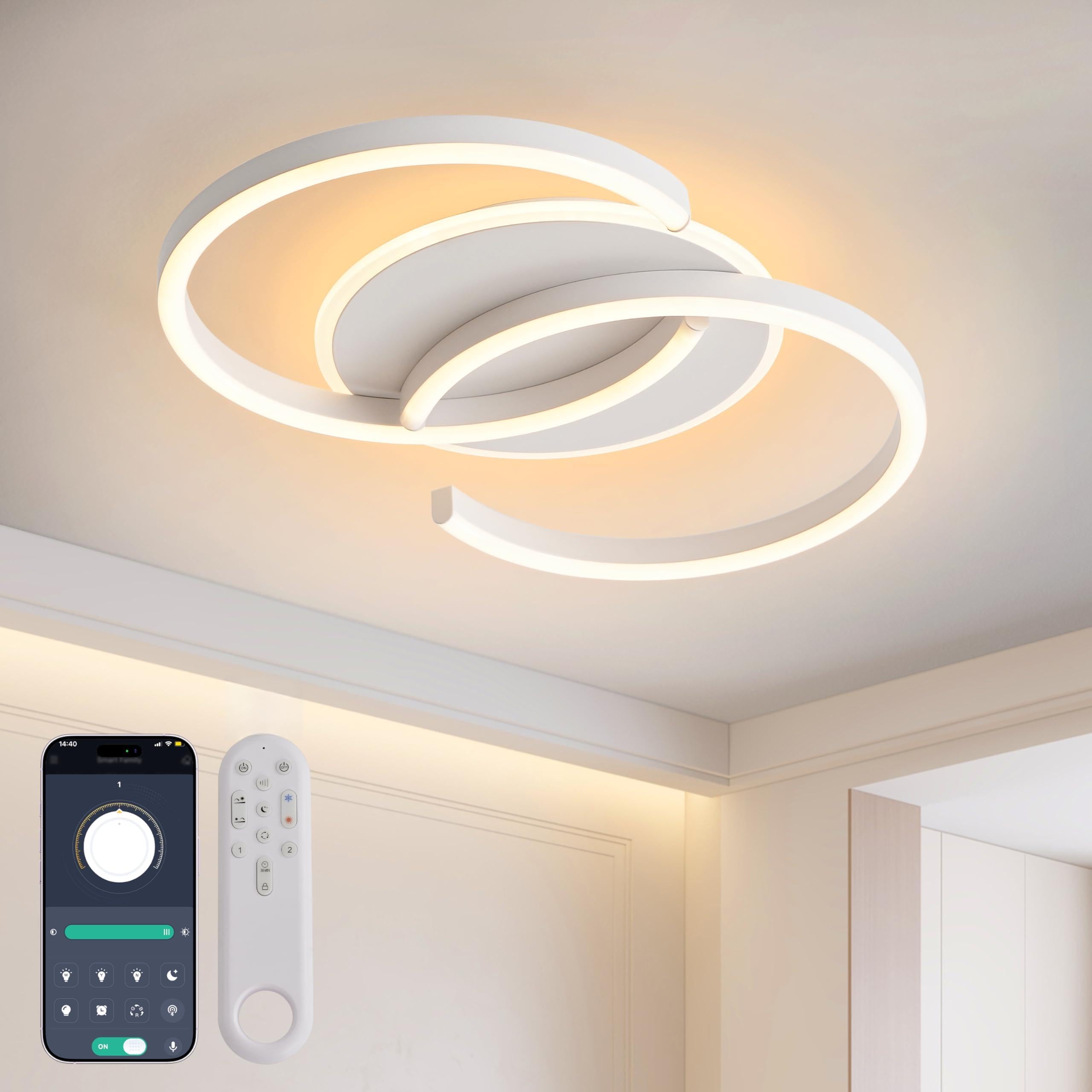 Meloweel LED Deckenleuchte Dimmbar weiß schwarz „S“ 2-Ringe, 40 50 60cm Farbtemperatur 3000-6000K, Helligkeit 2-40W, Mit Fernbedienung/Mobile APP, Memory-Funktion, 2-4W Nachtlicht, Timer-Funktion
