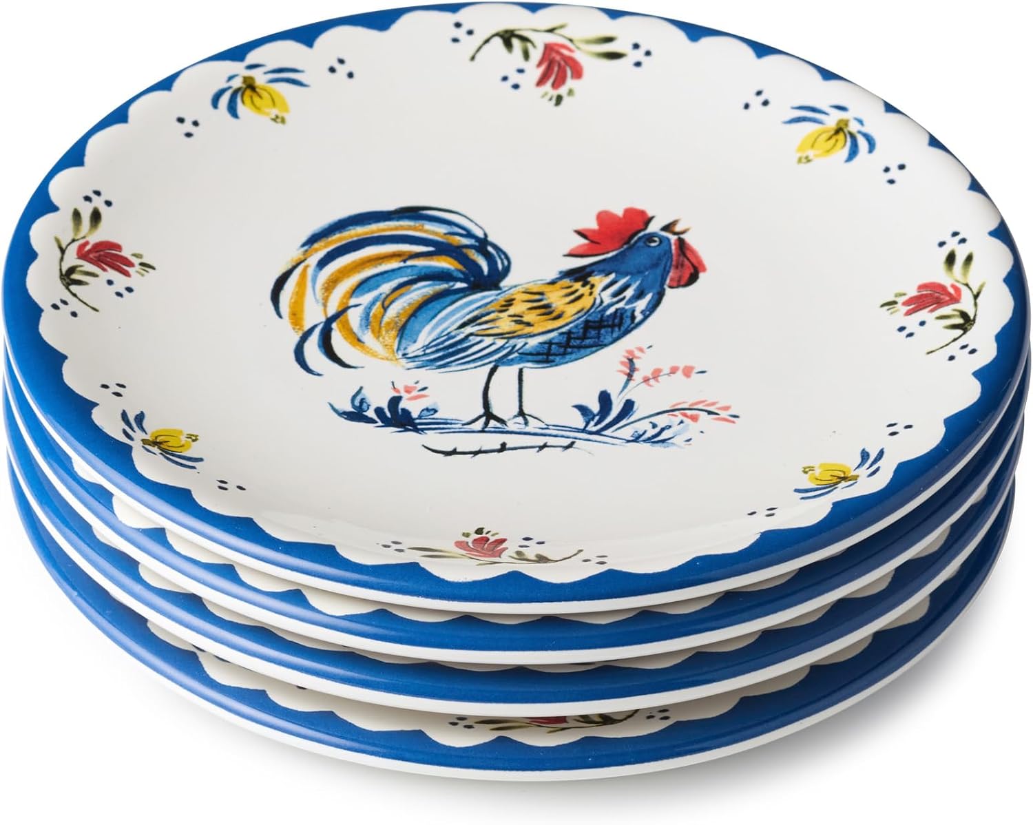 French Rooster Ceramic DINNER PLATES,SET OF 4, 11‑inch plates with classic blue border and multicolor rooster art, perfect for farmhouse dining, rustic kitchens, everyday meals, country décor
