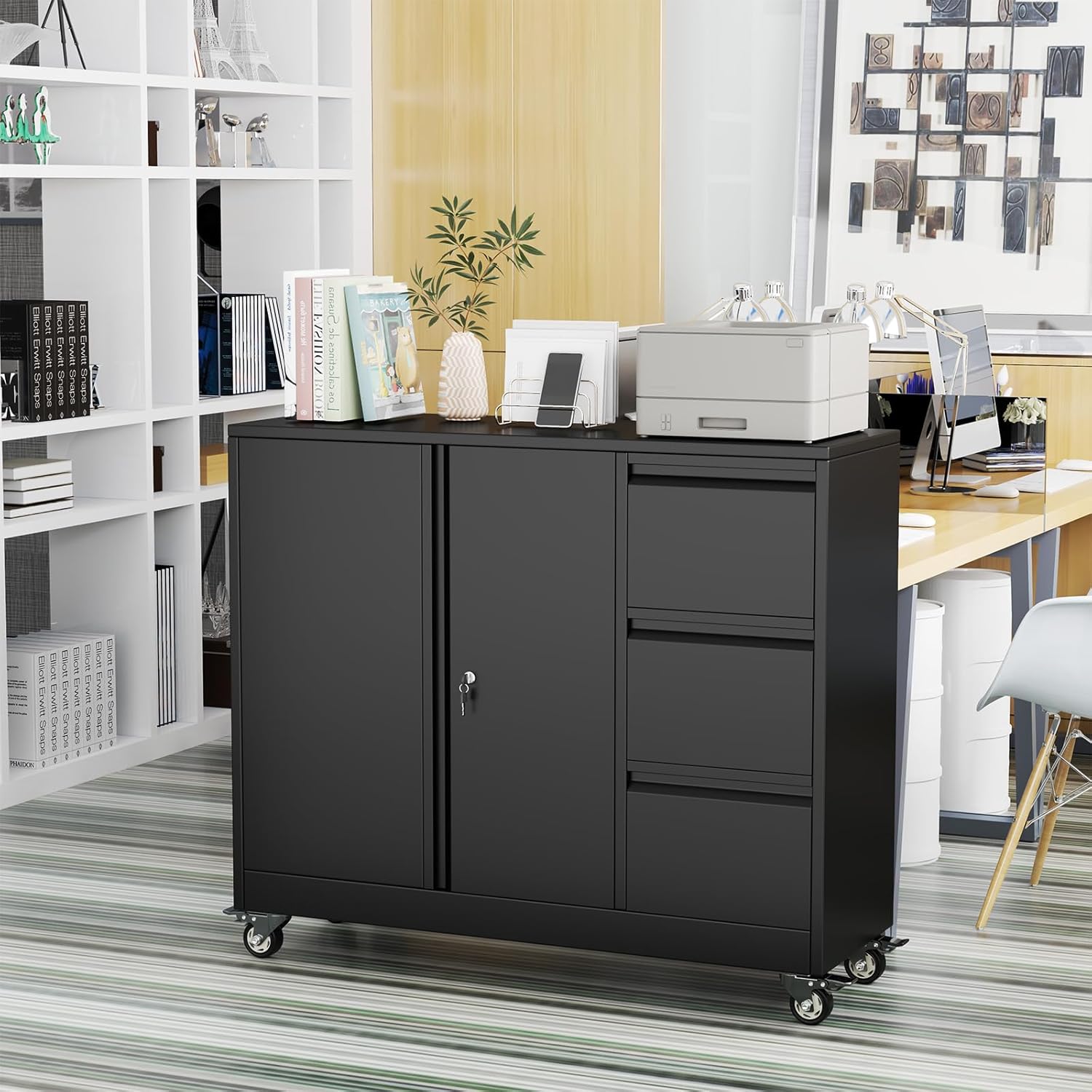 3 Drawer Lateral File Cabinet with Wheels, Metal Rolling Lockable Filing Cabinets with Lock, Mobile Multi-Functional Office Storage Cabinet for Office, Home, Garage, School, Gym (Black)