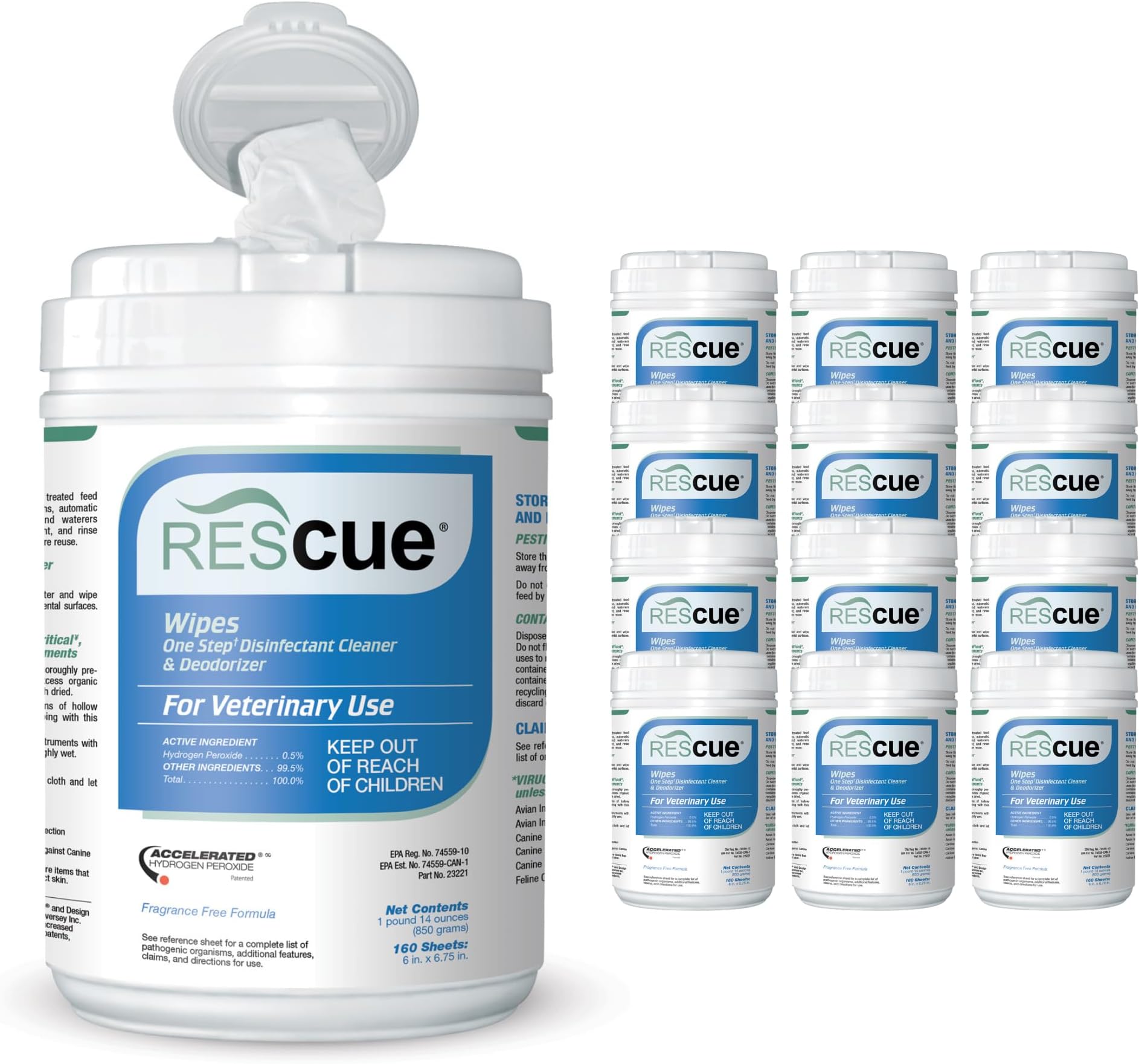REScue One-Step Disinfectant Cleaner & Deodorizer Wipes for Vet Use – Cleaner for Kennels, Litter Boxes, Vet Offices, Pet Grooming Surfaces – Wipes Canister, 160-Count (Pack of 12)