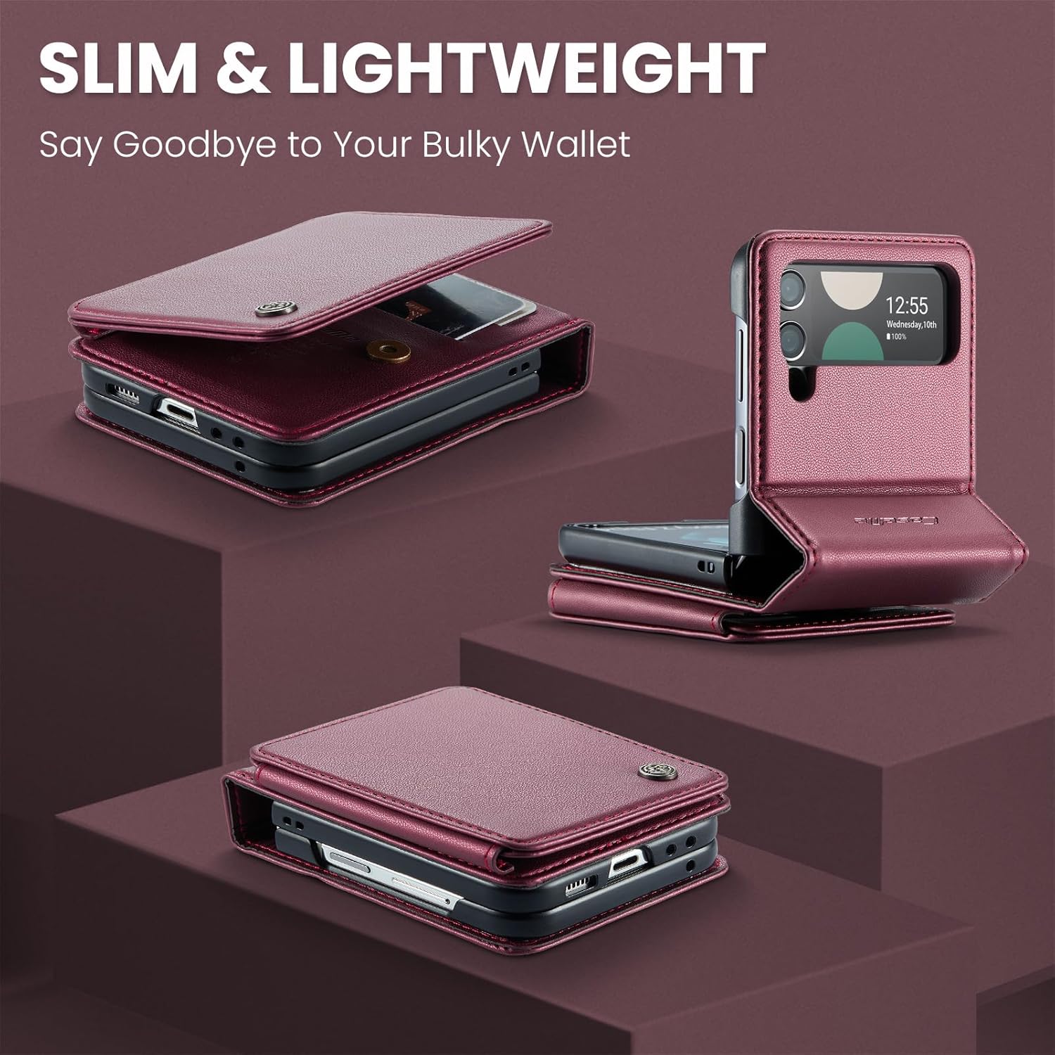 for Samsung Galaxy Z Flip 3 Wallet Case with RFID Blocking and 4 Credit Card Holder, Premium Durable Leather Magnetic Clasp Kickstand Heavy Duty Shockproof Protective Cover.- Wine