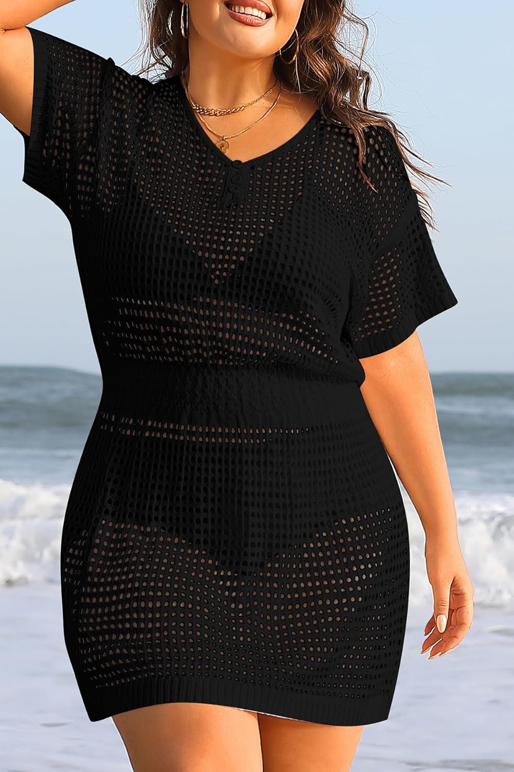 Aqua Eve Plus Size Swimsuit Cover Up - Crochet Bathing Suit Coverups 2025 Short Sleeve Beach Dress Swimwear - Image 3