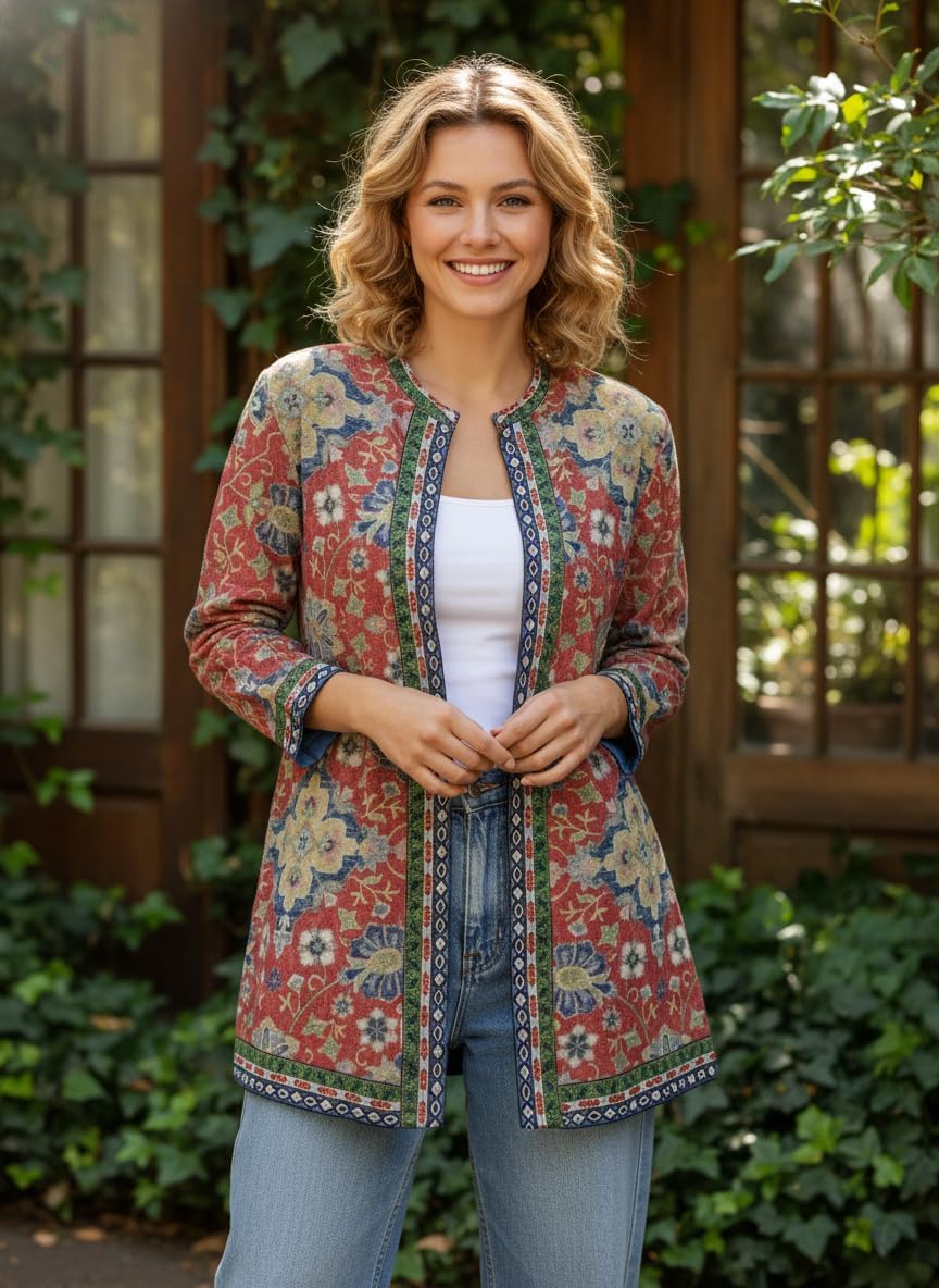 Women Retro Ethnic Print Cardigan Jacket Long Sleeve Open Front Vintage Boho Floral Oversized Fall Coat with Pockets - Image 2