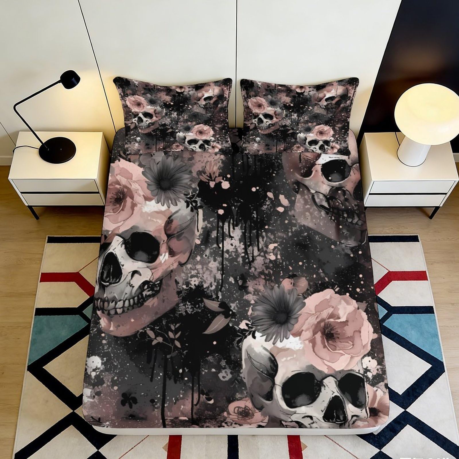 3D Printed Skull Flower Fitted Sheet Microfiber Bedroom Decor Mattress Cover for Adult Teen Dorm Soft Washable 180x200x25cm