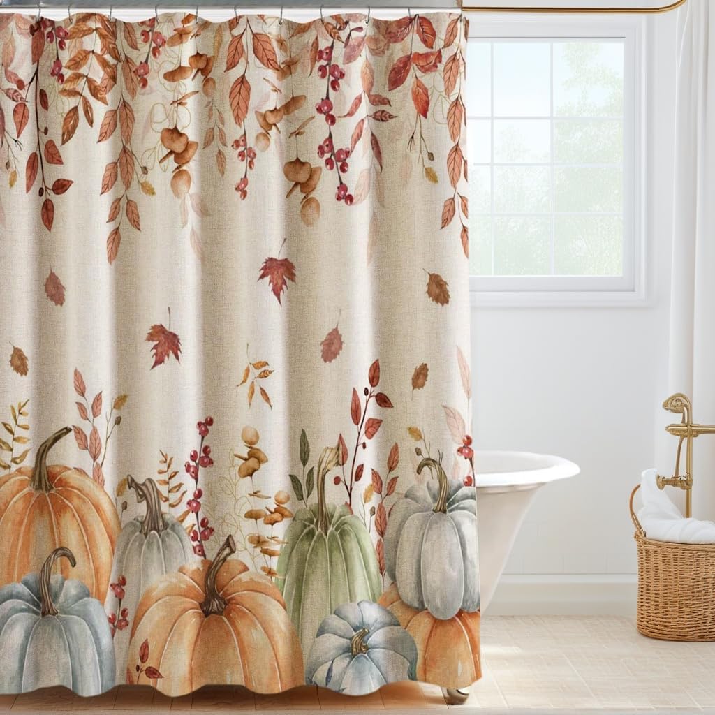 Fall Pumpkins Leaves Linen Shower Curtain Yellow Orange Watercolor Eucalyptus Leaves Fabric Shower Curtain Set with Hooks, Autumn Thanksgiving Harvest Shower Curtains for Bathroom, 71x78 Bath Curtain