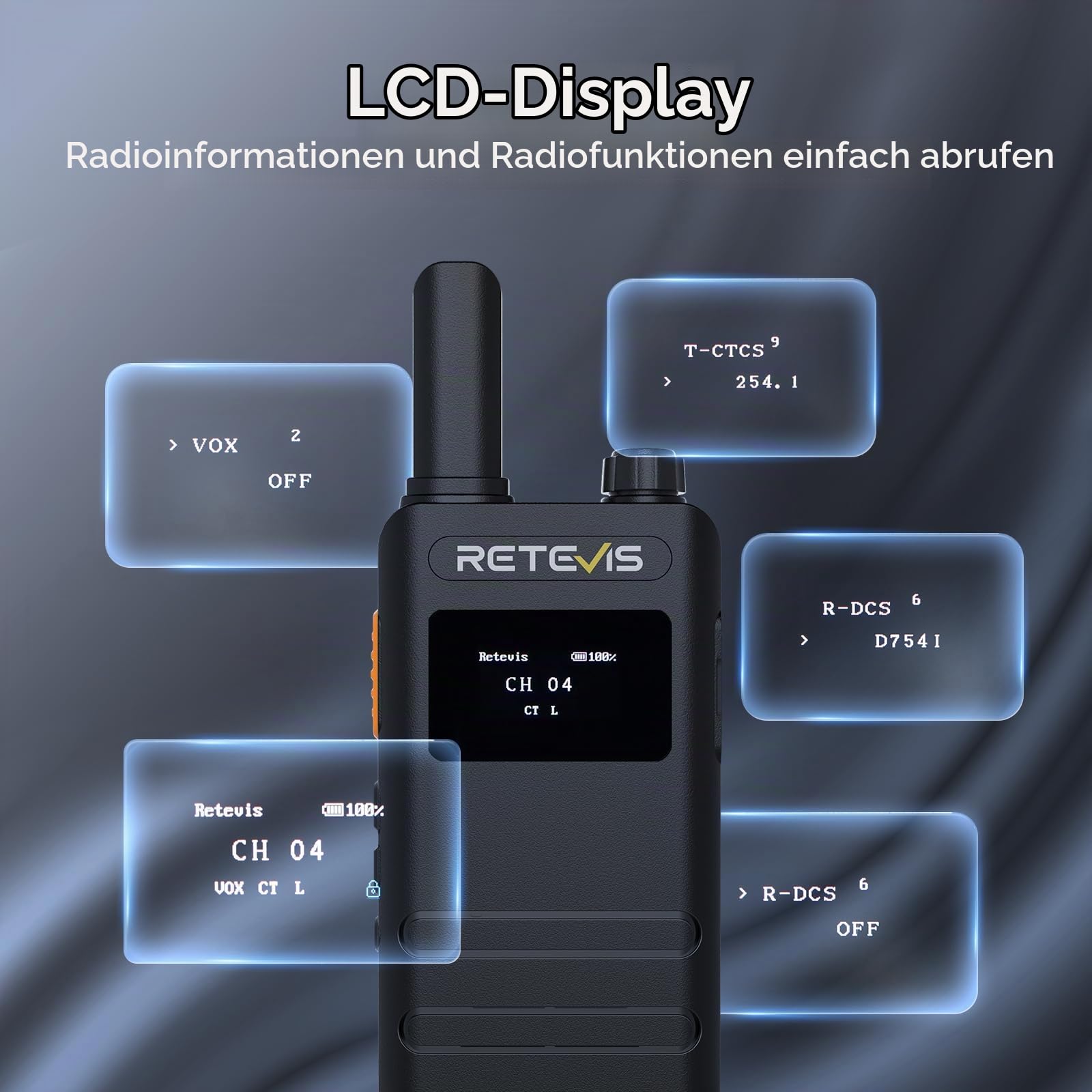 Retevis B63S Walkie Talkie PMR446 Dünne mit Ohrhörer LCD Bildschirm 4 Stück | RT622P (3.0), VOX, USB-C, 1620 mAh, Leicht Walkie Talkie 4er Set für Einzelhandel, Restaurant
