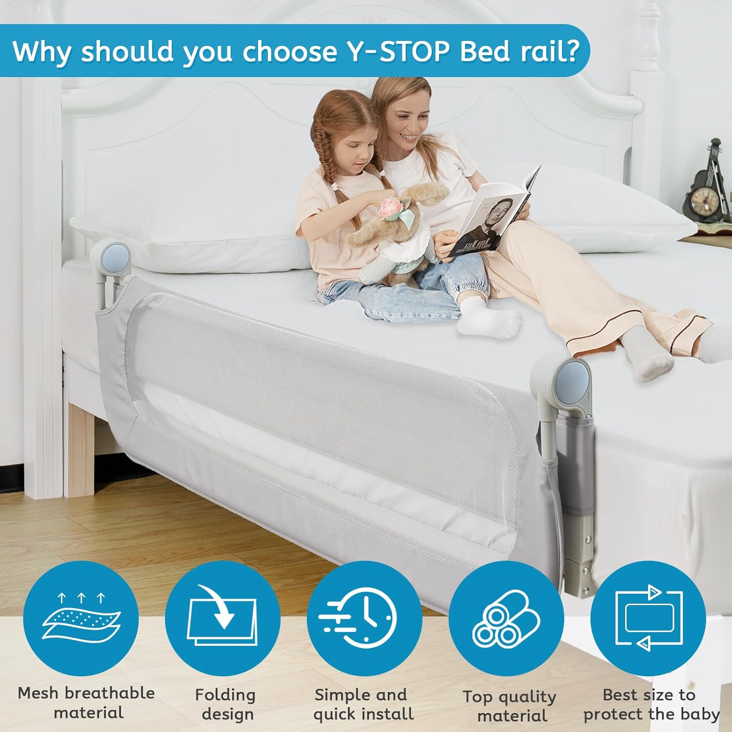 Size 59x35 Y- Stop Toddler Bed Rails Baby Bed Rail Guard for Queen Bed, King, Full Size, & Twin, Thick Mattress, Extra Long Adjustable Bed Rails for Toddlers, Elderly Adults (59''x 35'')
