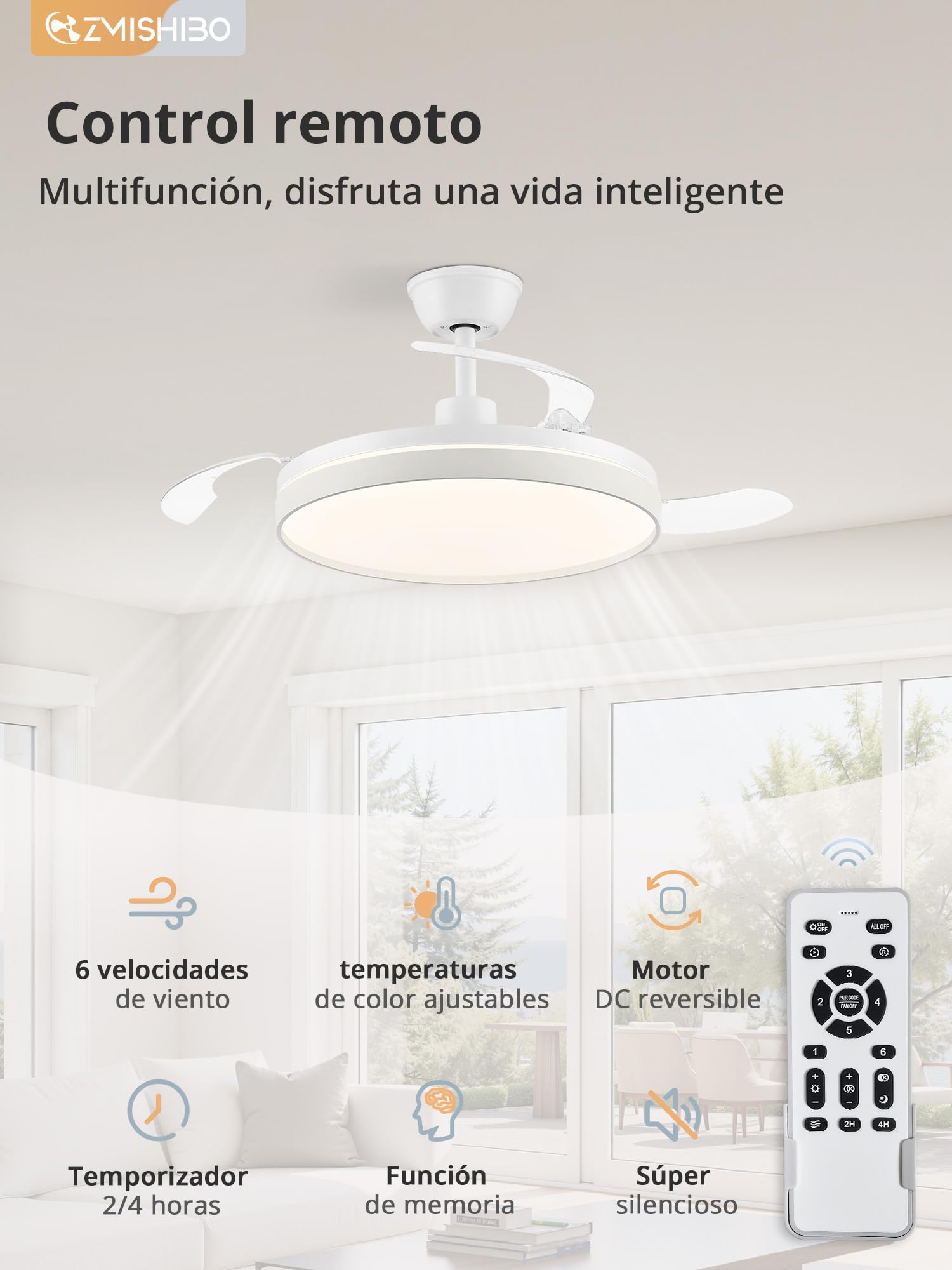 ZMISHIBO-Ventilador de Techo con Luz 106cm Ventilador sin Aspas CCT 3000K-65000K Función Verano-Invierno,Motor DC 30W+Luz LED 38W,6 Velocidades,Silencioso,Temporizador 2H/4H (Blanco)