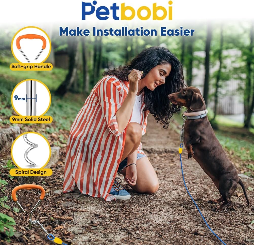 Petbobi Dog Tie-Out Cable and Stake - 20ft & Petbobi Dog Leash Hooks for Wall