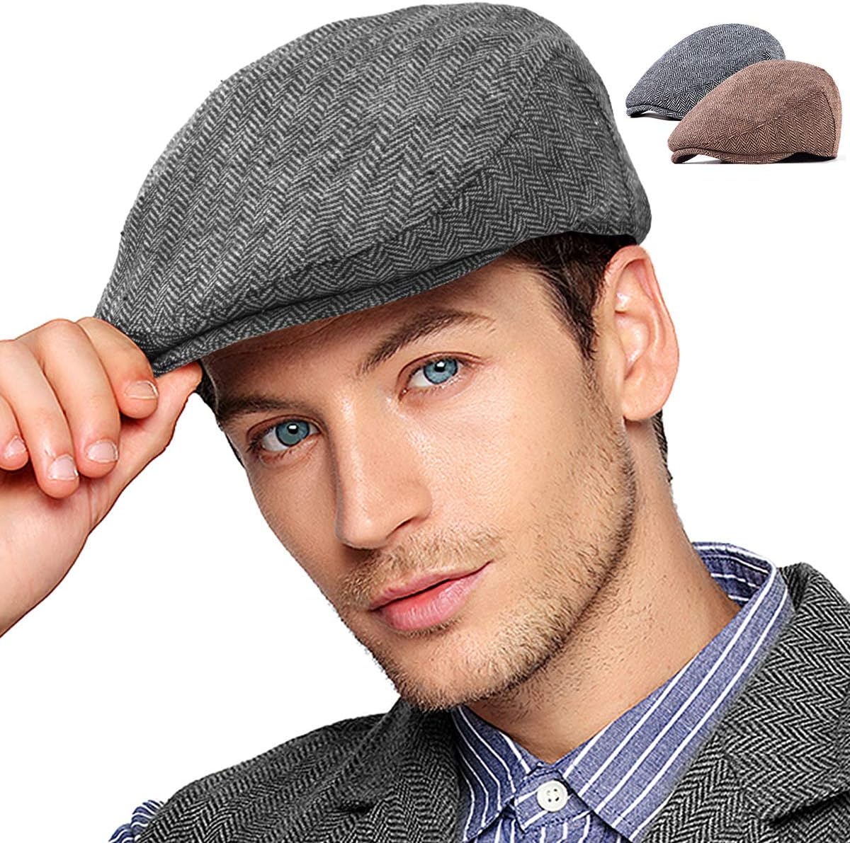 2 Pack Newsboy Hats for Men Wool Scally Cap Mens Flat Cap, Stylish Winter Cap for Man - Monkey Cap & Beanie Cap for Men