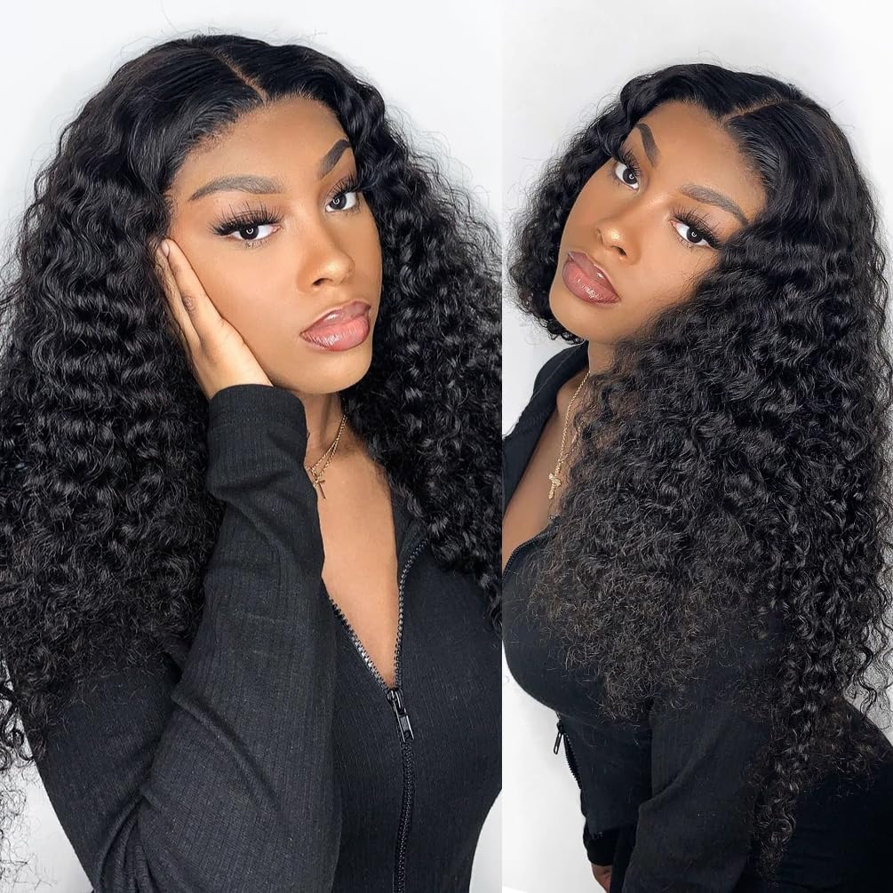 13x4 Deep Curly Glueless Wigs Human Hair Deep Wave Lace Frontal Wet and Wavy Wig 20 Inches 180 Density Water Wave Lace Front Wigs Human Hair Pre Plucked with Baby Hair Natural Black 1B