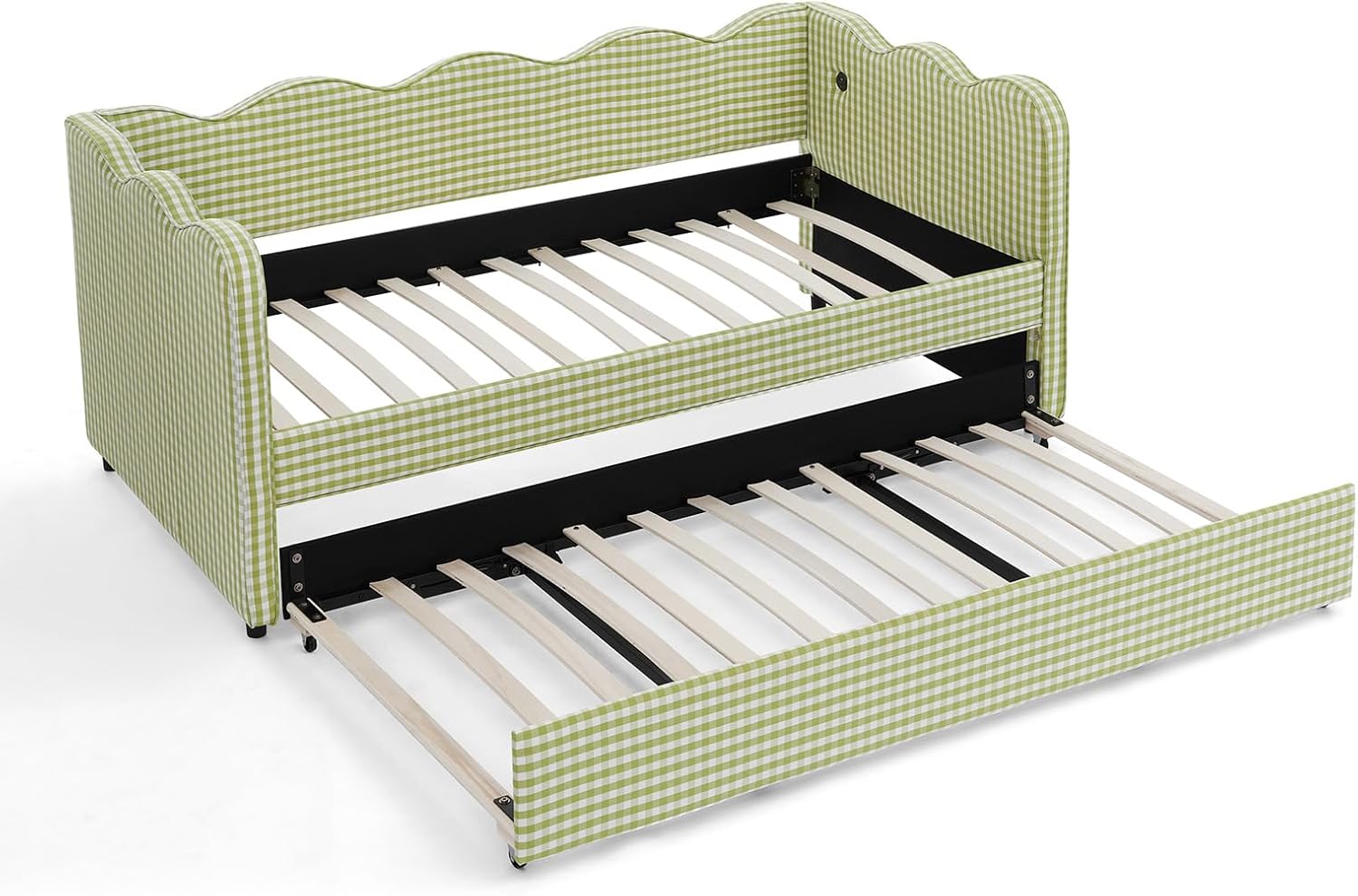 Twin Daybed with Pop Up Trundle, Gingham Linen Upholstered Twin to King Size Daybed Frame with Wooden Slats & USB Charging, Modern Sleeper Sofa Bed for Guest Room Bedroom, No Box Spring Needed, Green