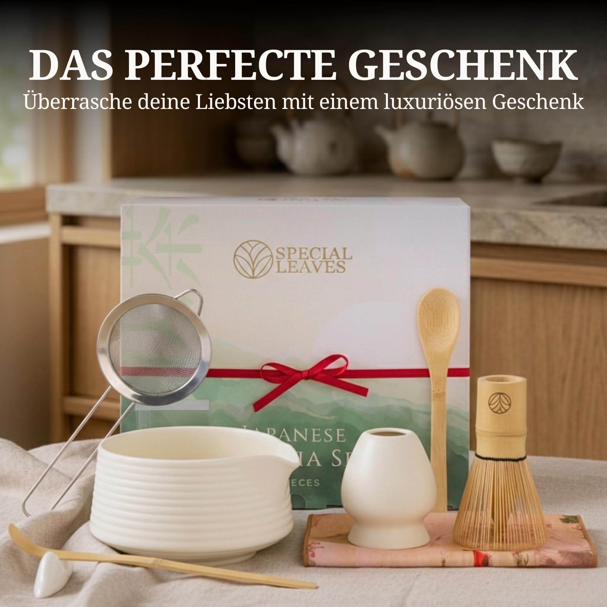 Matcha Set – Set de thé matcha traditionnel avec fouet en bambou, bol à matcha et accessoires – 4 pièces ou 8 pièces, disponible en différentes couleurs (Blanc, 8 pièces)